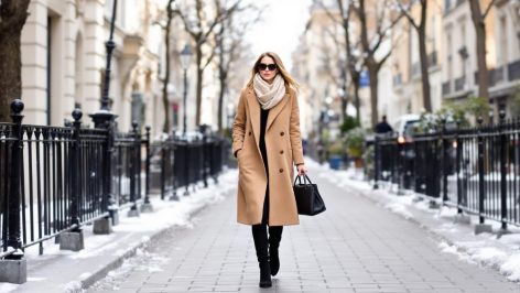 Femme élégante portant un manteau camel long, un incontournable chic pour l’hiver 2024-2025