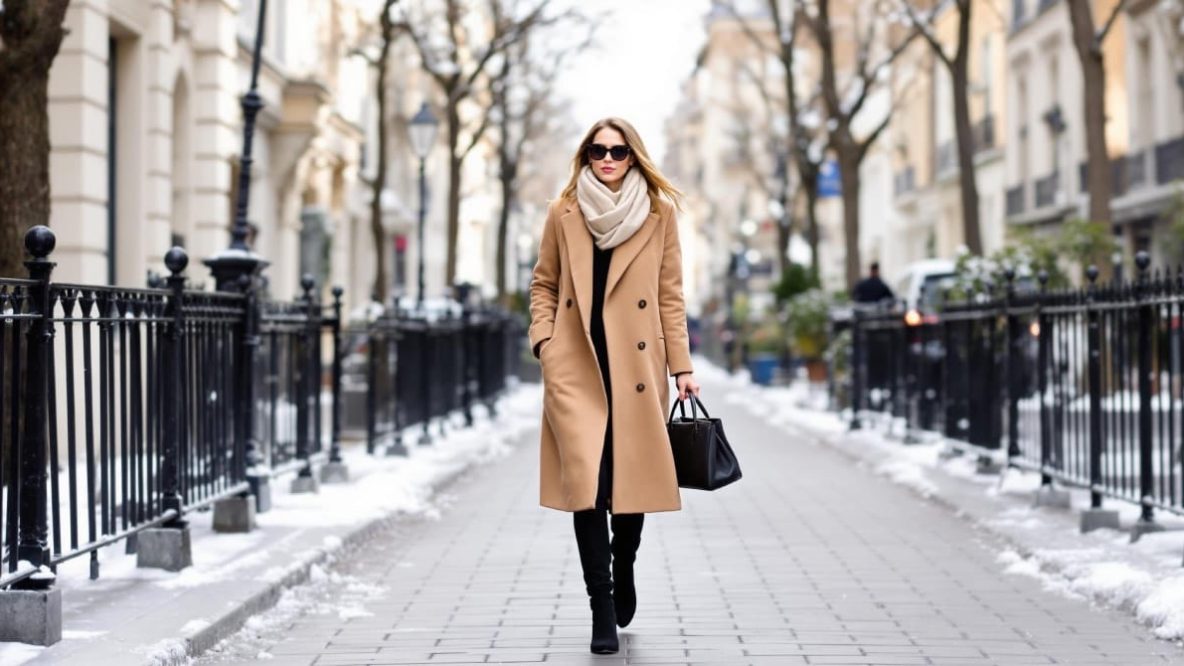 Femme élégante portant un manteau camel long, un incontournable chic pour l’hiver 2024-2025