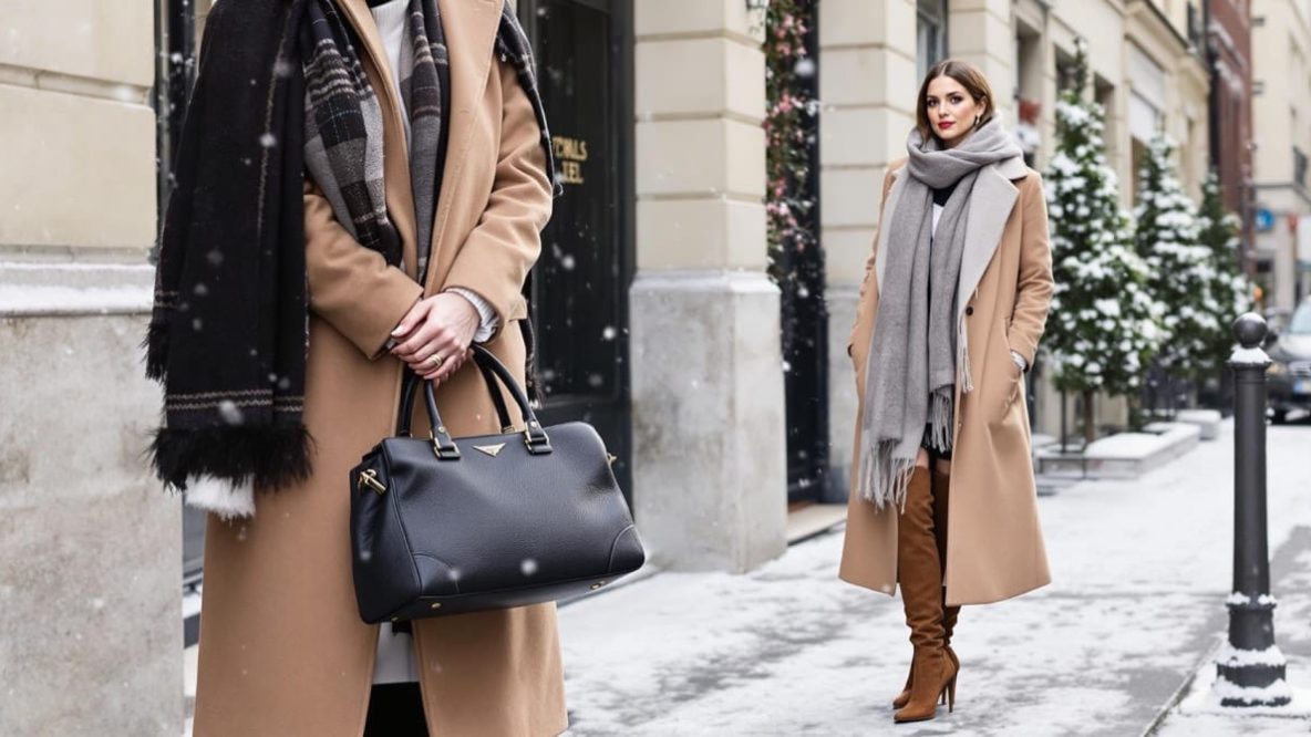 Femme portant un manteau long camel avec des bottes hautes en cuir, combinant élégance et style pour l’hiver
