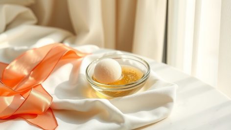 Coupelle d'huile scintillante dorée et éponge naturelle sur un drapé de satin ivoire, ruban corail, lumière de fenêtre