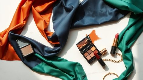Trois tissus colorés et des produits de maquillage assortis posés sur du marbre blanc