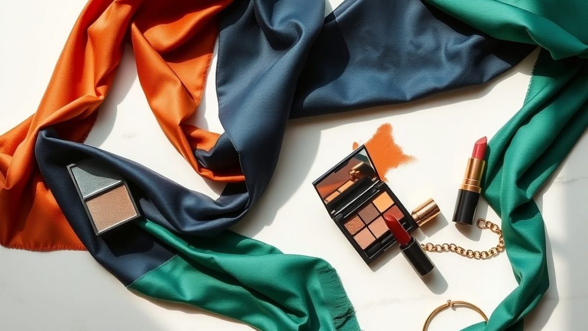 Trois tissus colorés et des produits de maquillage assortis posés sur du marbre blanc