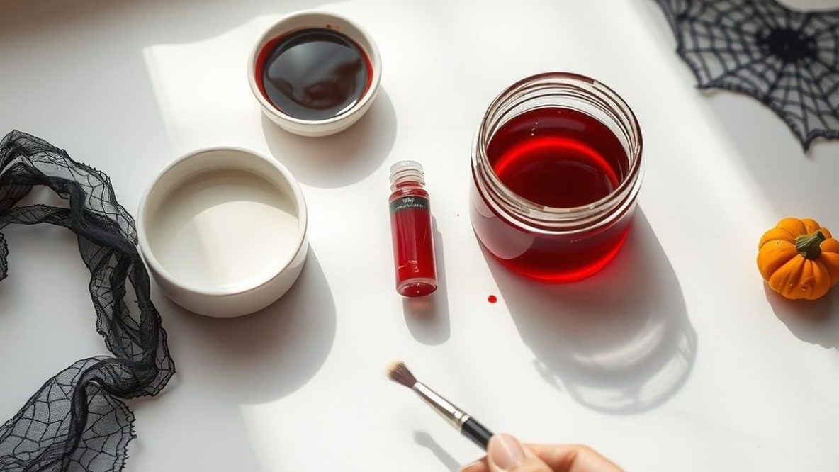 Nature morte de produits de maquillage Halloween : fard blanc, fard noir, faux sang et accessoires sur marbre clair