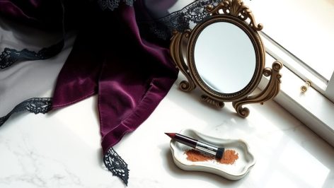 Nature morte beauté aux tons prune et noir sur marbre blanc, évoquant le maquillage soft goth de Mercredi Addams