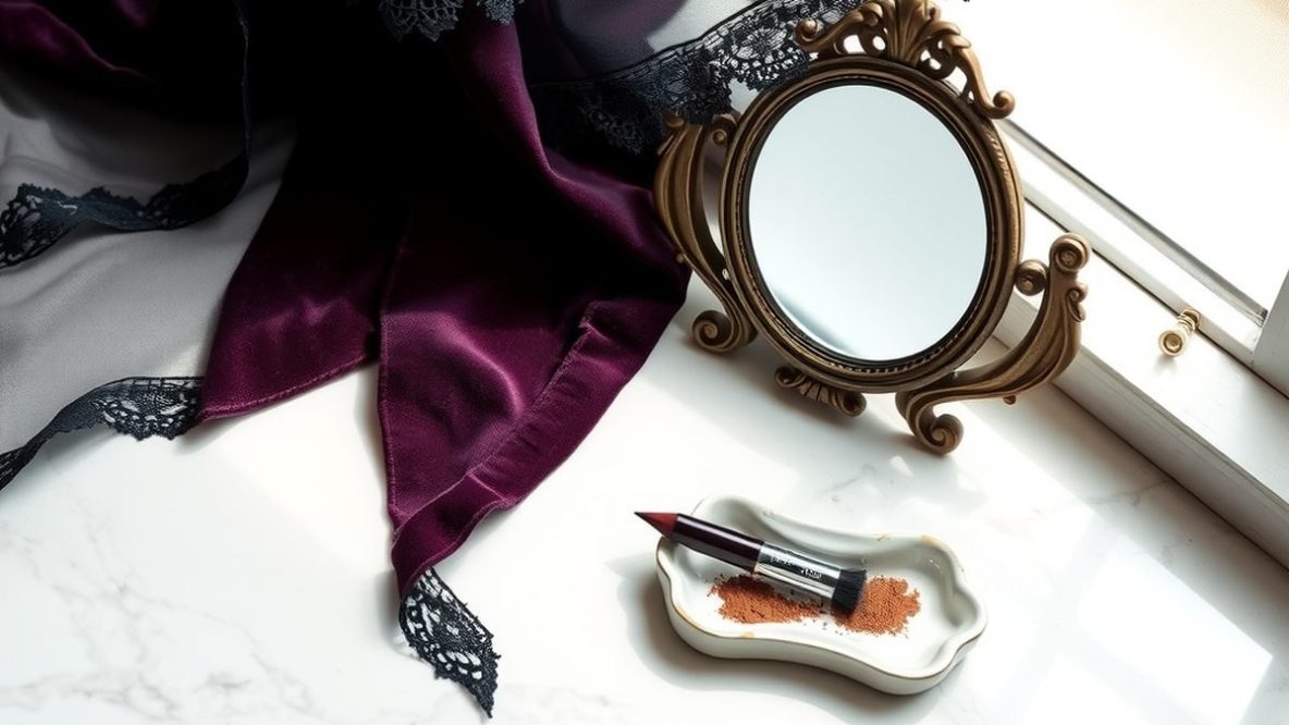 Nature morte beauté aux tons prune et noir sur marbre blanc, évoquant le maquillage soft goth de Mercredi Addams