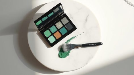 Palette de maquillage vert et noir sur marbre clair, ombre d'un chapeau de sorcière en lumière naturelle