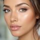 Femme au visage ovale maquillée avec un contouring subtil, un highlighter et un rouge à lèvres nude