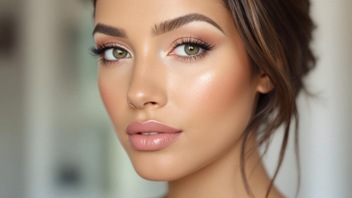 Femme au visage ovale maquillée avec un contouring subtil, un highlighter et un rouge à lèvres nude