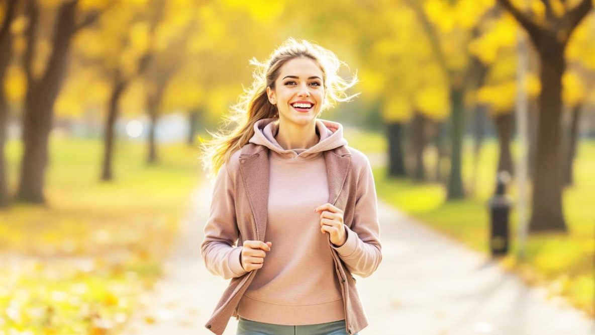 Femme en marche active dans un parc au lever du soleil