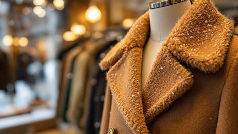 Manteau en laine élégant porté par une femme en hiver dans un paysage enneigé