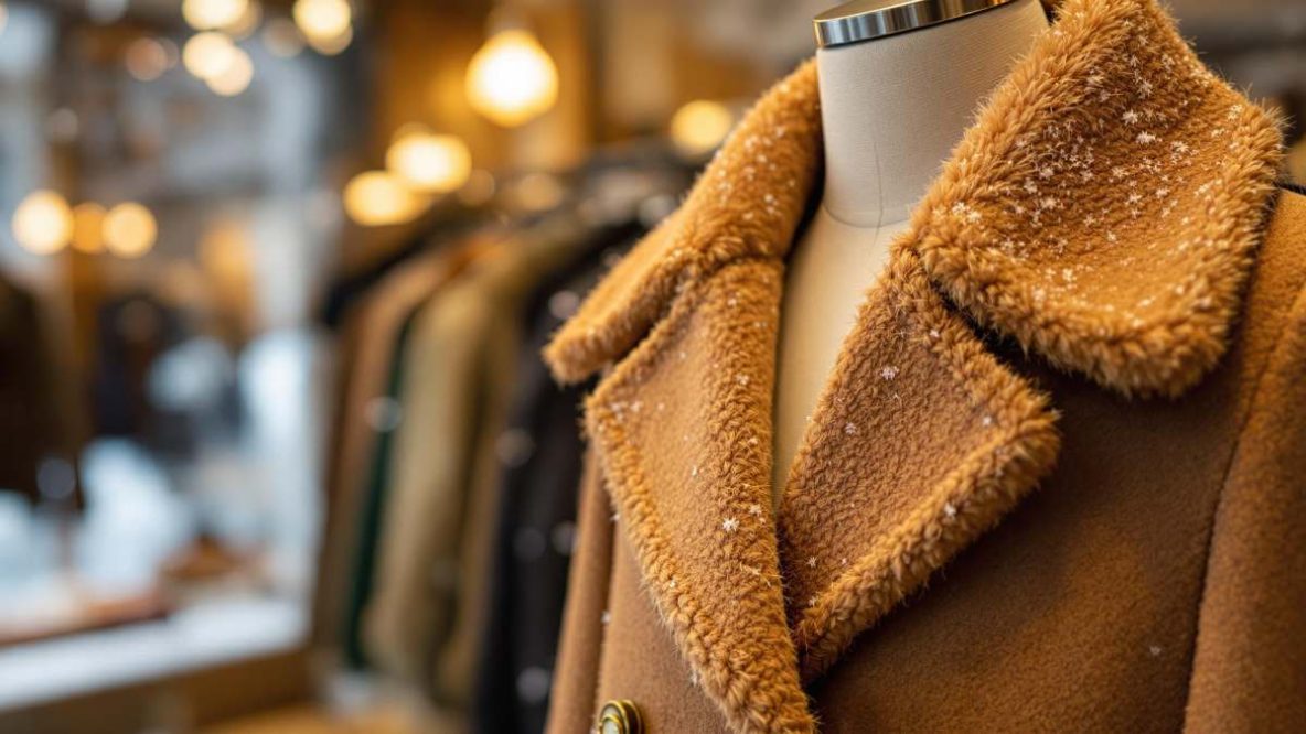 Manteau en laine élégant porté par une femme en hiver dans un paysage enneigé