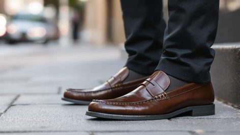 Homme élégant portant des mocassins en cuir dans un cadre urbain.
