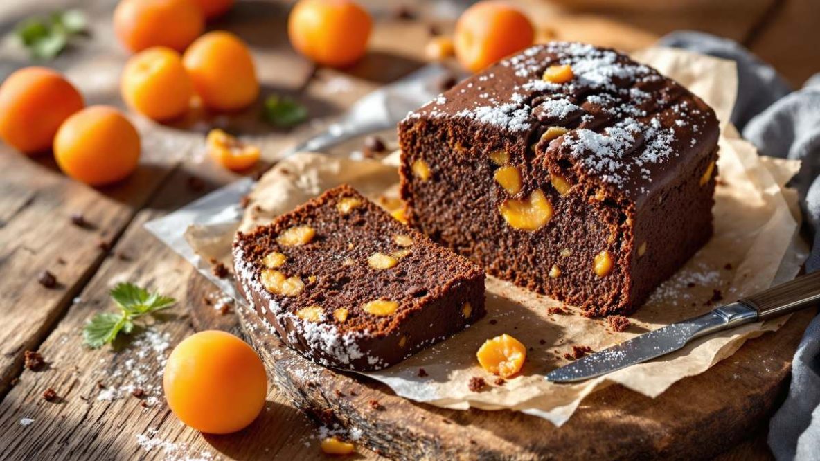 Gâteau moelleux au chocolat noir avec des morceaux d’abricots frais posé sur une table en bois