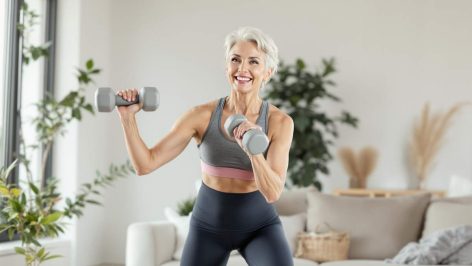 Article Addict Beauté – Femme de plus de 60 ans en train de se muscler chez elle