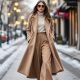 Femme élégante portant un pantalon palazzo avec un manteau long, incarnant la tendance chic de l’hiver 2024-2025