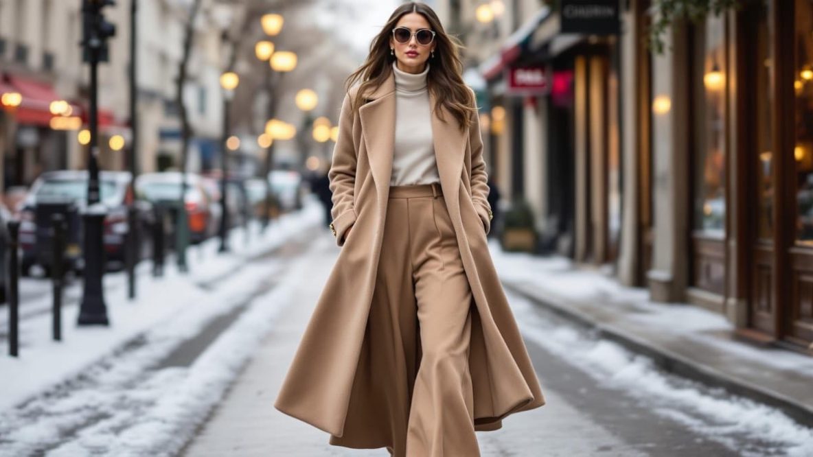 Femme élégante portant un pantalon palazzo avec un manteau long, incarnant la tendance chic de l’hiver 2024-2025