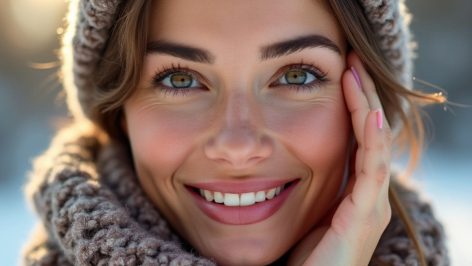 Femme avec une peau lumineuse et douce, entourée de neige et portant une écharpe, représentant une peau bien hydratée et protégée en hiver.