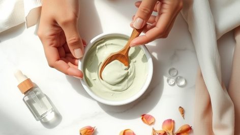 Masque à l'argile verte préparé à la main dans un bol en céramique, sur un plan de marbre clair
