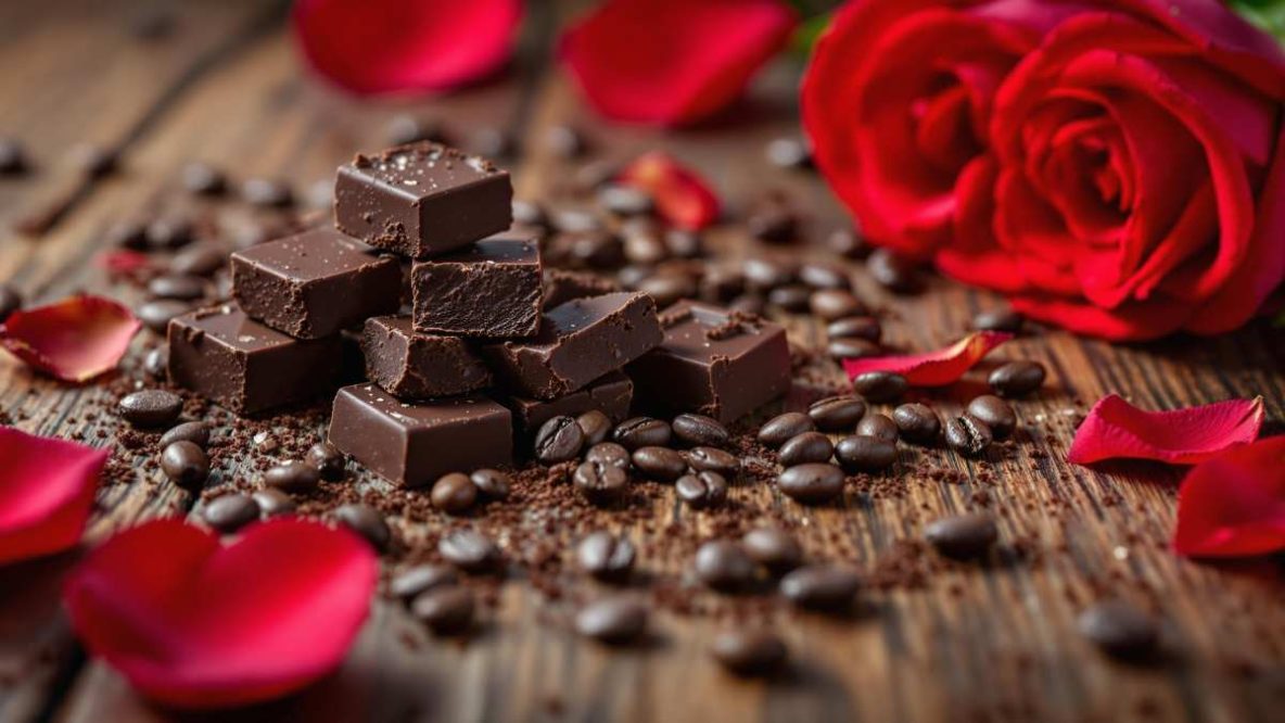 Table en bois avec chocolat noir, fèves de cacao et pétales de rose