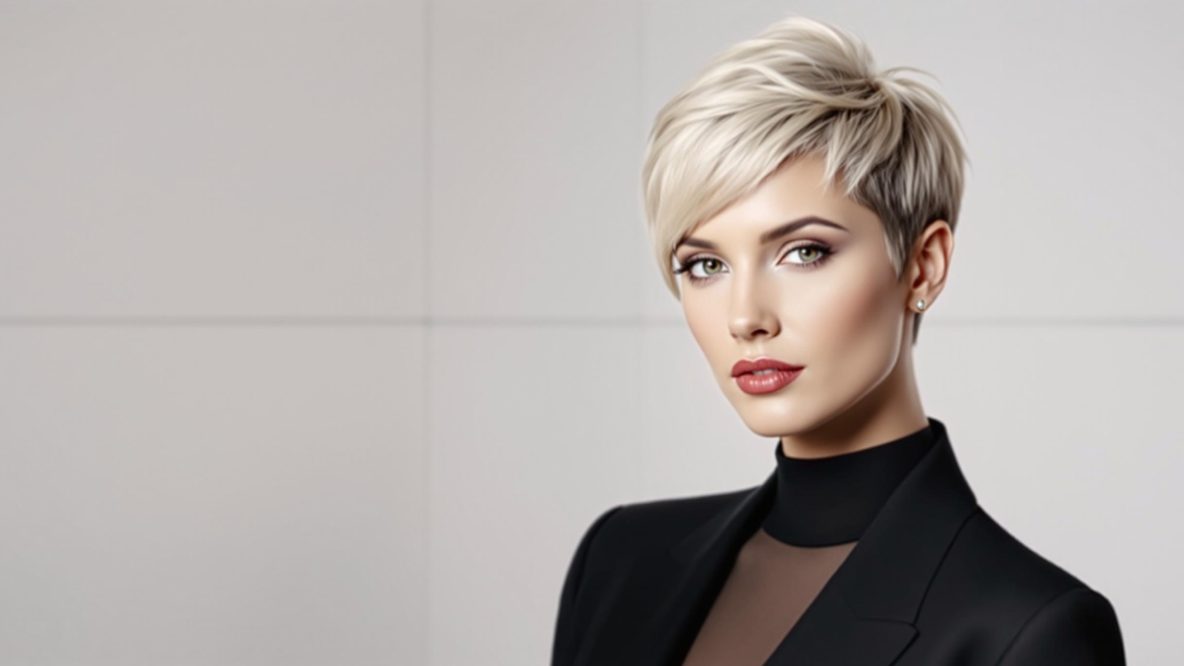 Femme moderne avec une coupe Pixie blonde, chic et élégante.