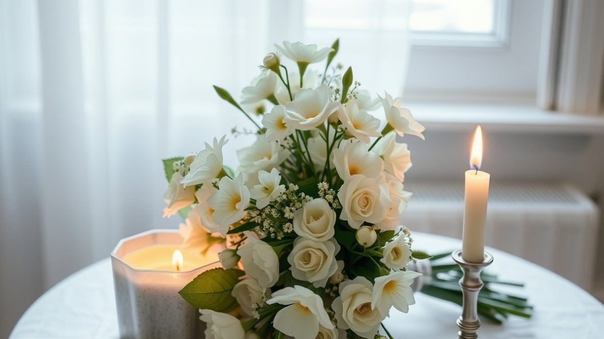 Bouquet de fleurs blanches et bougie allumée dans une lumière douce du matin