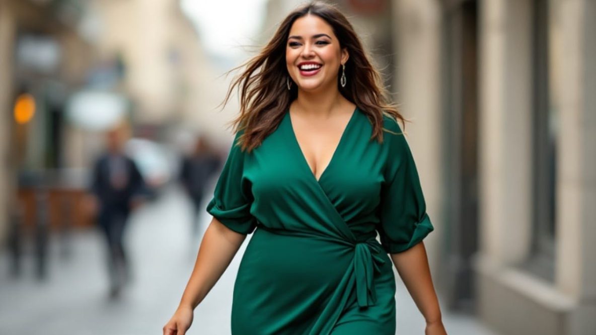 Femme ronde rayonnante en robe midi émeraude Marina Rinaldi marchant dans les rues de Paris - Guide des robes qui subliment vraiment les courbes