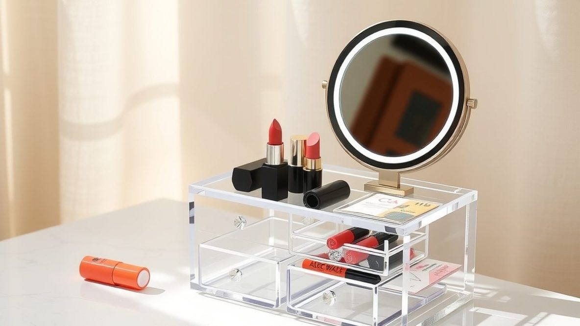Organisateur de maquillage transparent à tiroirs et miroir, posé sur un plan en marbre blanc dans une lumière naturelle