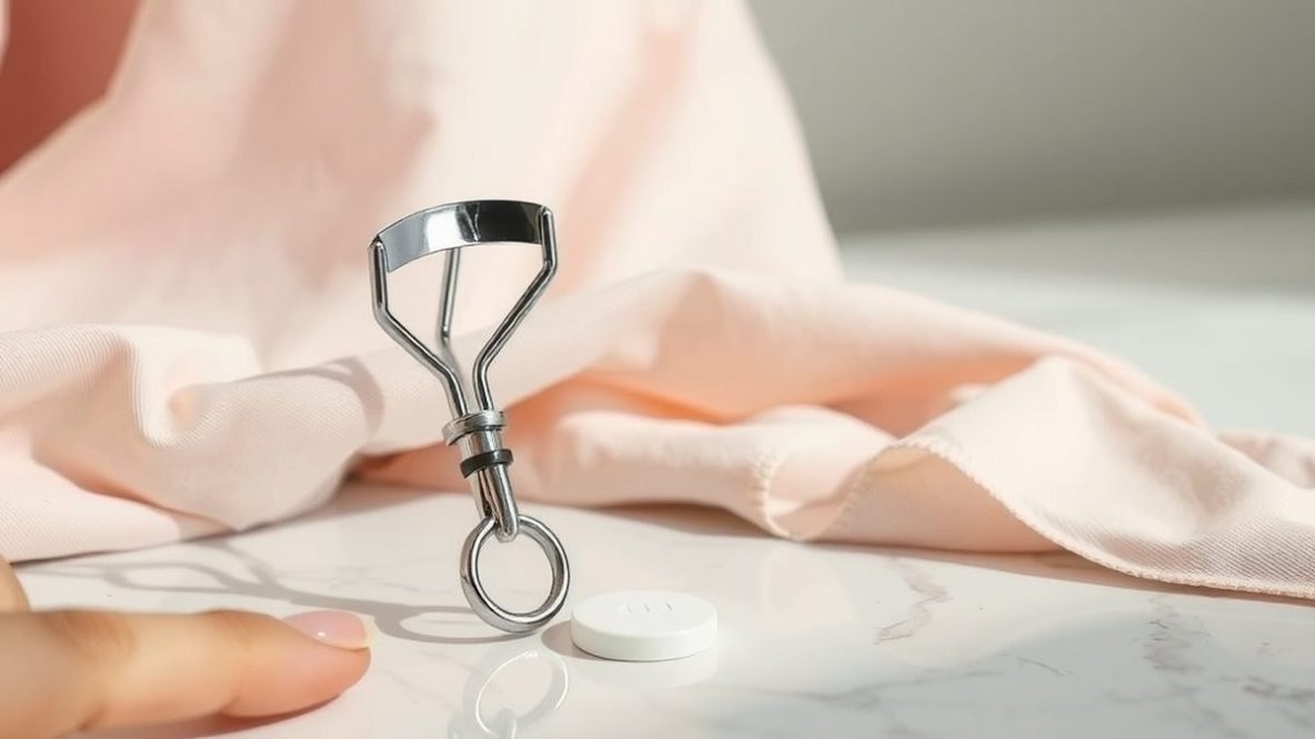 Recourbe-cils en métal et coussinet en silicone posés sur un marbre blanc, pour illustrer le bon geste et l'entretien de l'outil