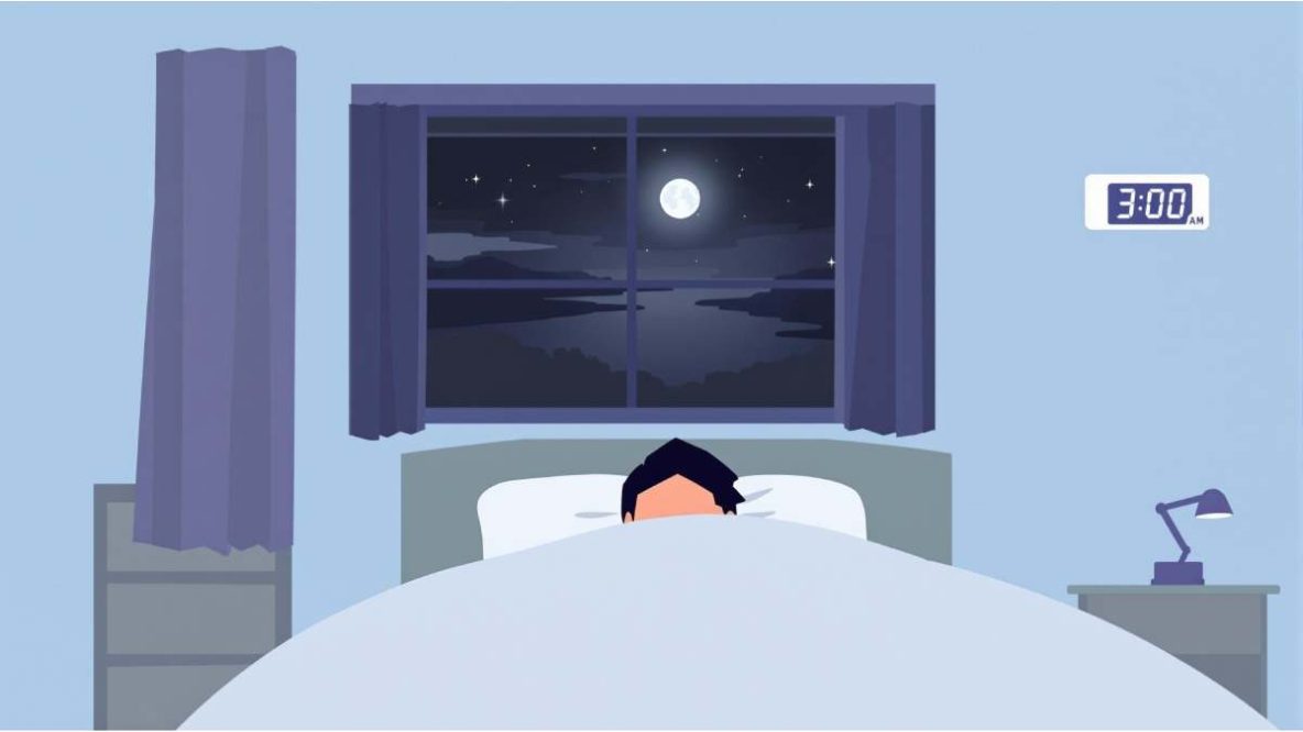 Personne réveillée en pleine nuit à 3h du matin, allongée dans son lit, cherchant à se rendormir