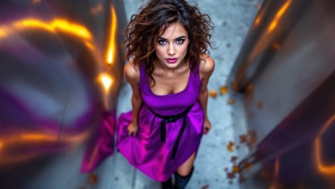 Vue de haut d'une femme portant une robe midi violette Zara avec une ceinture noire et des bottes, posant dans un cadre urbain moderne avec des reflets métalliques et des feuilles d'automne sur le sol.