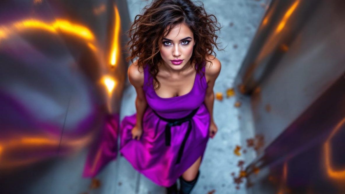 Vue de haut d'une femme portant une robe midi violette Zara avec une ceinture noire et des bottes, posant dans un cadre urbain moderne avec des reflets métalliques et des feuilles d'automne sur le sol.