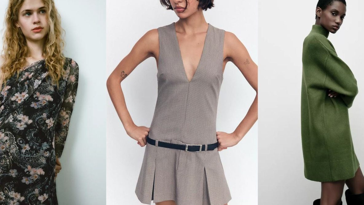 Modèle portant la robe plissée avec ceinture de Zara, tendance automne/hiver 2024, mettant en valeur un look chic et moderne.