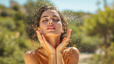 femme vaporisant un spray d’eau thermale en plein été en Occitanie