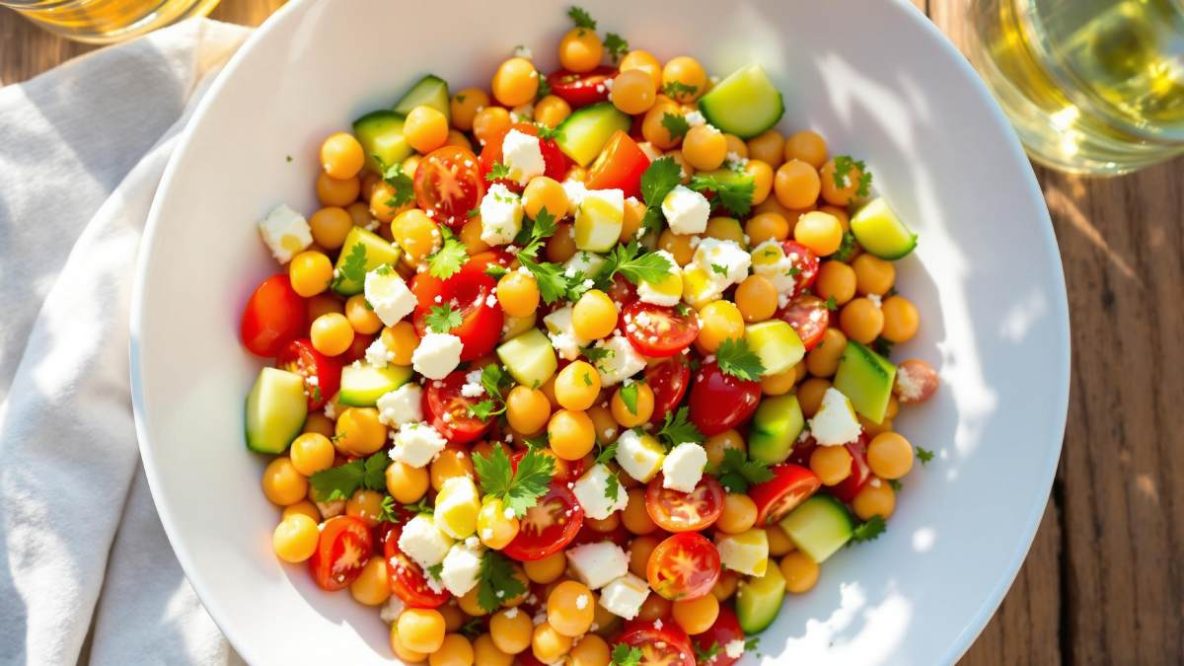 Salade de pois chiches avec tomates, concombre, feta et herbes fraîches dans un bol blanc
