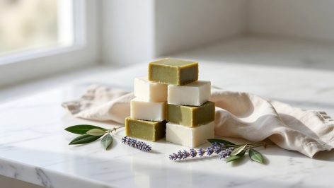 Cubes de savon de Marseille vert olive et crème sur un marbre blanc, linge et feuilles d'olivier, lumière naturelle.