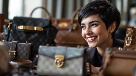 Jeune femme européenne avec coupe pixie prenant un selfie avec un sac de luxe, tenant un sac iconique de marque comme Louis Vuitton, Hermès ou Chanel, dans un cadre élégant