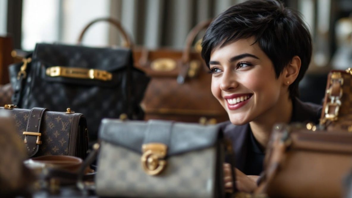 Jeune femme européenne avec coupe pixie prenant un selfie avec un sac de luxe, tenant un sac iconique de marque comme Louis Vuitton, Hermès ou Chanel, dans un cadre élégant
