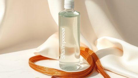 Flacon de shampoing sans étiquette posé sur du marbre blanc, illustrant le choix d'un shampoing sans sulfate