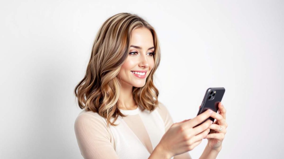 Femme testant des couleurs de cheveux avec un simulateur virtuel sur smartphone