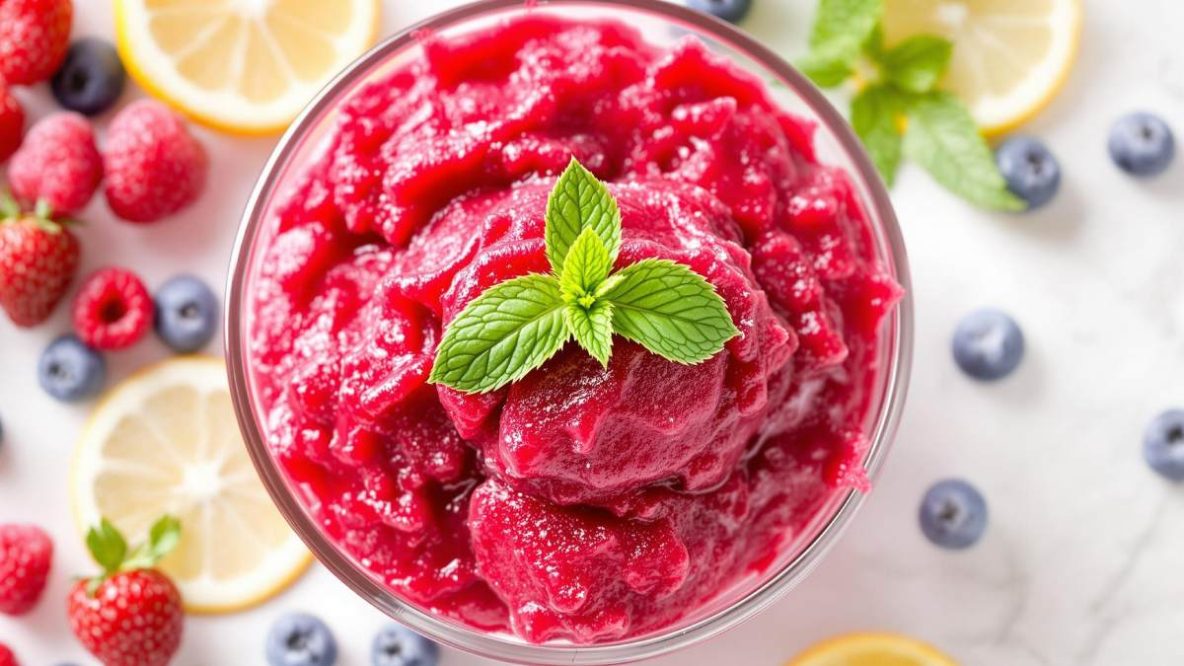 Sorbet ultra léger aux fruits rouges mixés avec citron et sirop d’agave