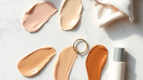 Traînées de fond de teint aux sous-tons rosés, beiges et dorés sur du marbre blanc, avec une bague dorée et un flacon blanc sans marque