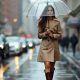 Femme élégante avec un parapluie transparent et un trench beige, démontrant comment rester chic sous la pluie
