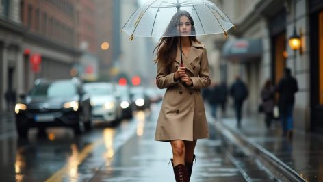Femme élégante avec un parapluie transparent et un trench beige, démontrant comment rester chic sous la pluie
