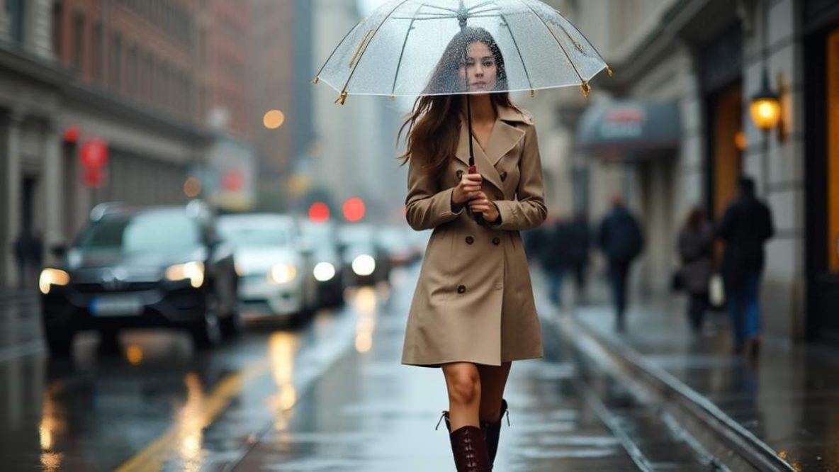 Femme élégante avec un parapluie transparent et un trench beige, démontrant comment rester chic sous la pluie