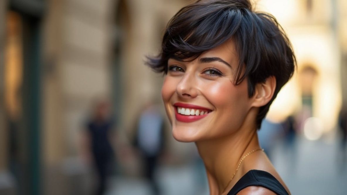Femme élégante avec coupe courte tendance 2024, portant un style pixie ou bob moderne