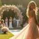 Femme élégante en robe d'été Zara et H&M lors d'un mariage, avec une ambiance chaleureuse et romantique, capturant des émotions de joie et anticipation dans un cadre extérieur chic.