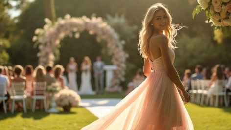 Femme élégante en robe d'été Zara et H&M lors d'un mariage, avec une ambiance chaleureuse et romantique, capturant des émotions de joie et anticipation dans un cadre extérieur chic.