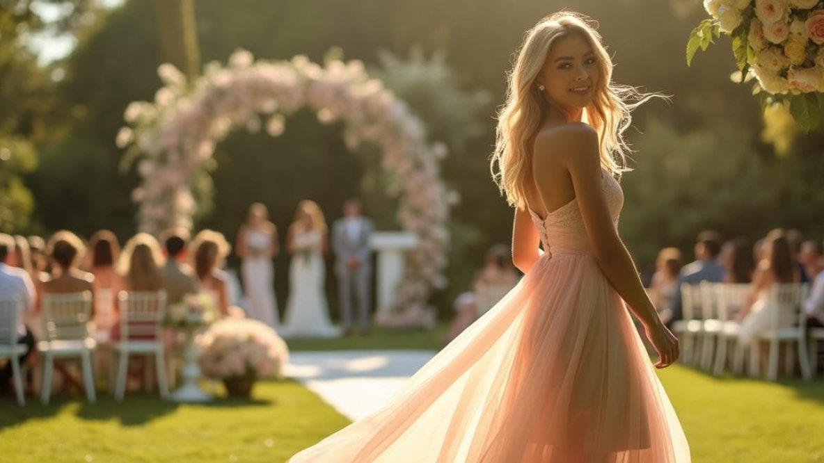 Femme élégante en robe d'été Zara et H&M lors d'un mariage, avec une ambiance chaleureuse et romantique, capturant des émotions de joie et anticipation dans un cadre extérieur chic.