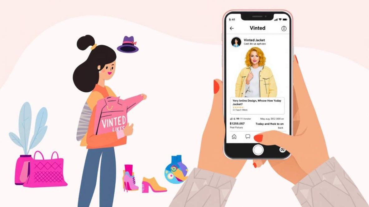 Une femme élégante prenant en photo un vêtement pour le vendre sur Vinted, avec l’application affichée en arrière-plan.