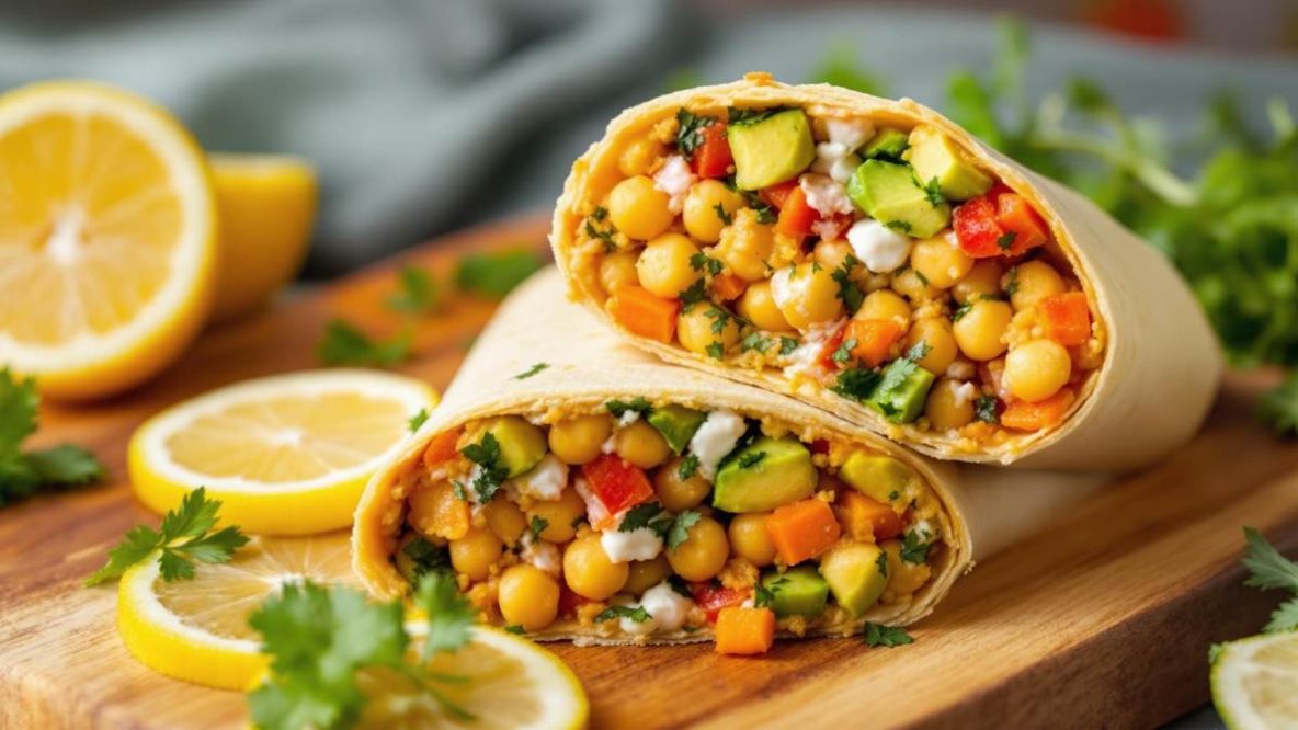 Wrap aux pois chiches écrasés avec avocat, carottes, yaourt et herbes fraîches